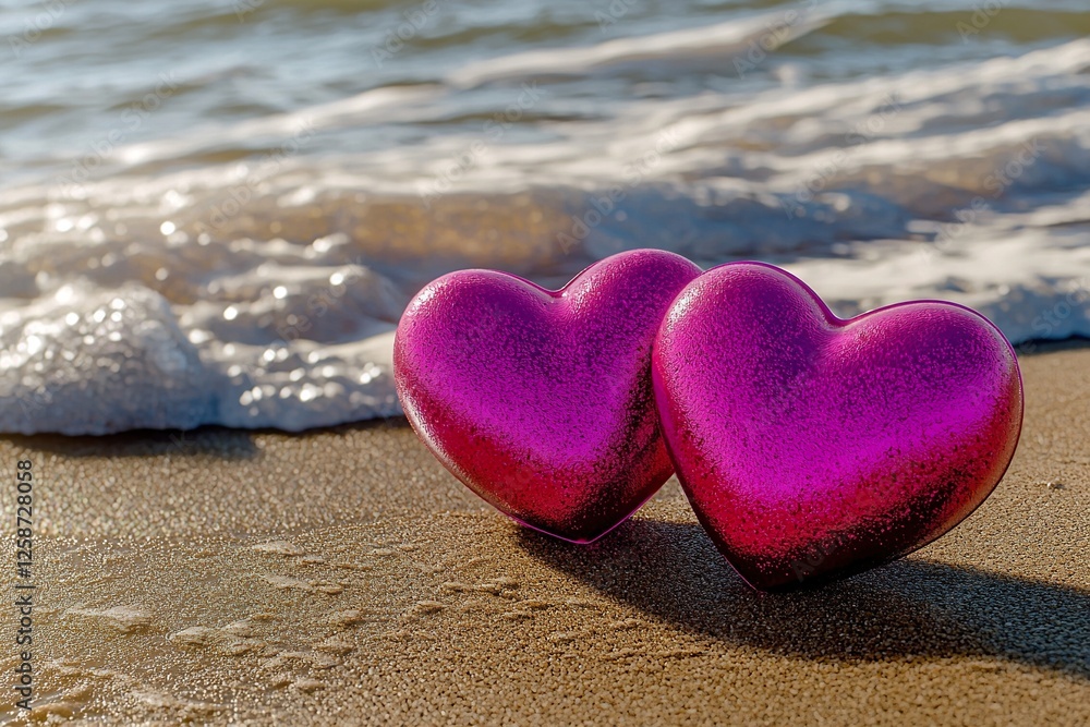 Fototapeta premium Two pink hearts on the beach symbolizing love, Valentine's Day concept. Generative Ai