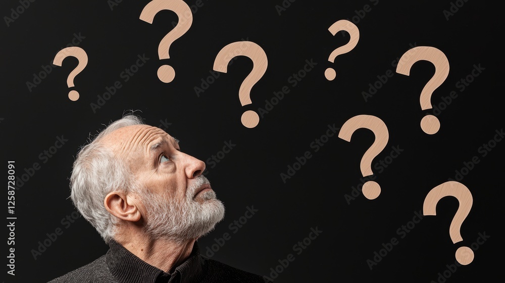 A thoughtful elderly man with a gray beard, gazing upwards, surrounded by floating question marks, symbolizing deep contemplation and decision-making A thoughtful elderly man with a gray beard, gazing upwards, surrounded by floating question marks, symbolizing deep contemplation and decision-making