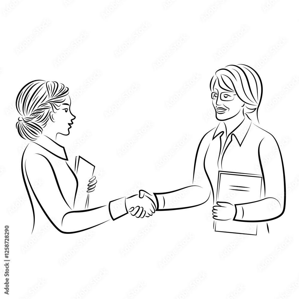 Two women meeting. Lady and girl shaking hands. Business partners greeting. Vector illustration. Two women meeting. Lady and girl shaking hands. Business partners greeting. Vector illustration.