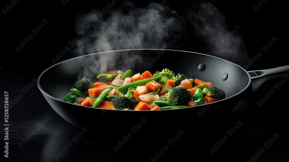 Steaming stir-fried vegetables in wok, dark background, healthy meal Steaming stir-fried vegetables in wok, dark background, healthy meal