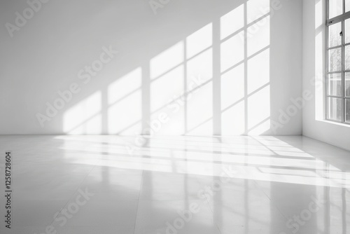 Abstract empty interior with soft natural lighting, white walls and floor reflecting subtle shadows, peaceful ambiance, high-key photography style