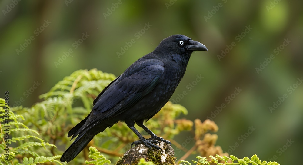 Observing a Torresian Crow Perched on a Rock with Lush Greenery Observing a Torresian Crow Perched on a Rock with Lush Greenery