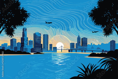 Create a striking silhouette vector illustration of a city skyline at sunset, emphasizing the dramatic contrast between the buildings and the fiery sky.  Include detailed building shapes.