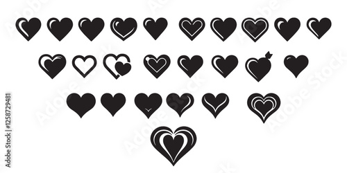 Black silhouette heart flat icon set isolated on white. Collection of Black and White Heart Icons for Design