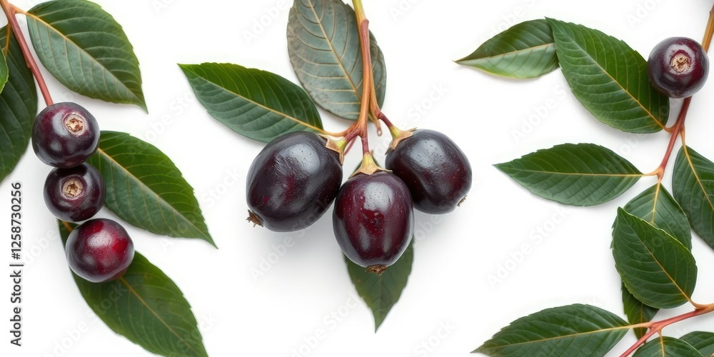 Dark purple fruit with dark green leaves isolated on a white background, green and purple colors, nature isolation, fruit and leaves Dark purple fruit with dark green leaves isolated on a white background, green and purple colors, nature isolation, fruit and leaves
