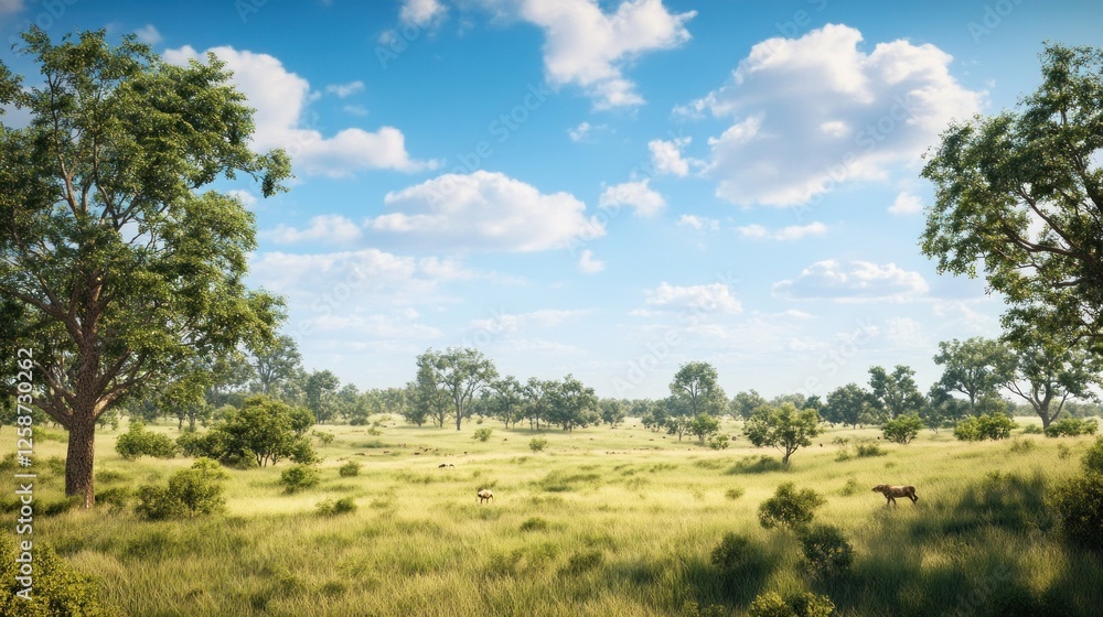 Scenic African Savannah Landscape with Grazing Animals Under Blue Sky Scenic African Savannah Landscape with Grazing Animals Under Blue Sky