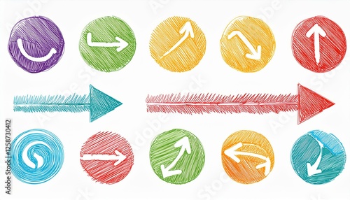 Arrow brush line color paint element shape set. Crayon abstract doodle color circle, arrow sketch hand drawn. Texture crayon brush sketch style shape background. perfect any project.