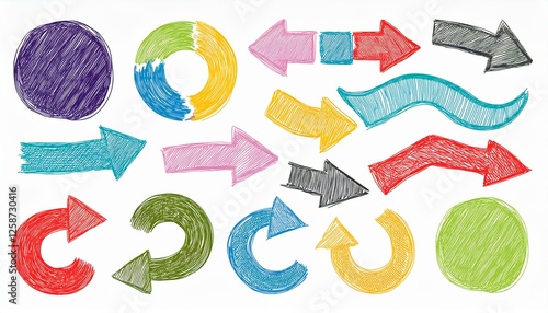 Arrow brush line color paint element shape set. Crayon abstract doodle color circle, arrow sketch hand drawn. Texture crayon brush sketch style shape background. perfect any project.