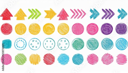 Arrow brush line color paint element shape set. Crayon abstract doodle color circle, arrow sketch hand drawn. Texture crayon brush sketch style shape background. perfect any project.