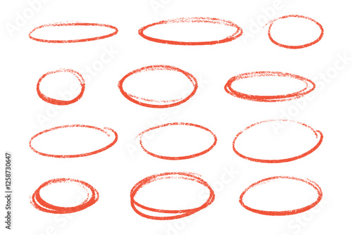 Crayon highlight set with chalk textured red frames. Rough oval shapes display uneven strokes, layered edges. Raw hand drawn outlines of artistic borders, emphasis marks for design elements.