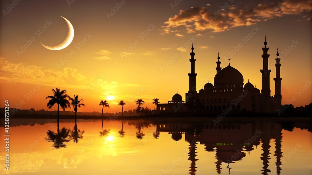 Fototapeta premium Artistic Mosque at Sunset with Crescent Moon Reflection in Water