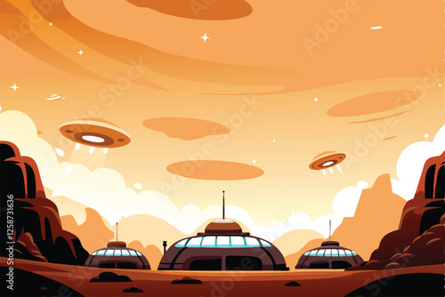 A futuristic Mars space station, showcasing advanced architectural designs and habitats, integrated seamlessly into the Martian landscape.