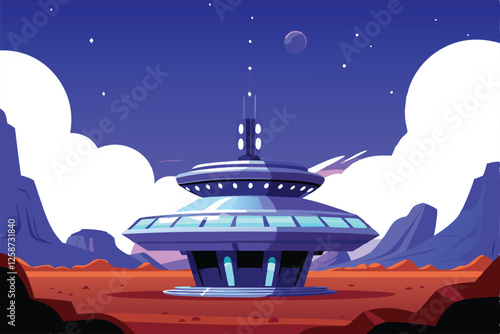 A futuristic Mars space station, seamlessly integrated with sleek, advanced alien technology. Show intricate details and a vibrant Martian landscape.