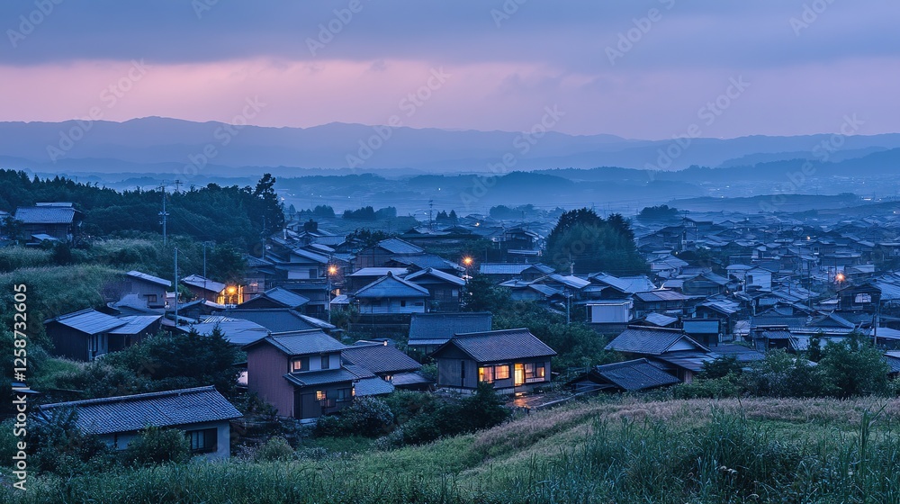 Fototapeta premium Twilight Panorama Of A Japanese Village Nestled In Mountains