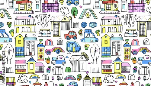 Kindergarten doodle vector background. Hand drawn doodle style children cute seamless pattern, preschool wallpaper. Kids education simple background with toy, car, house elements. perfect any project.