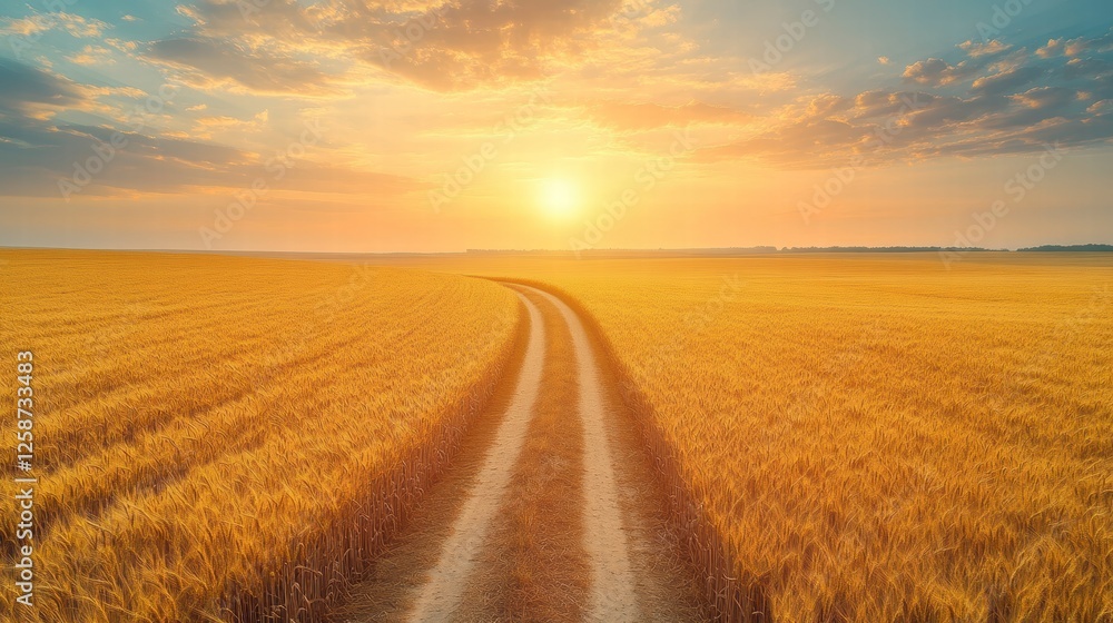 A serene landscape featuring a winding dirt path through golden fields, illuminated by a warm sunset. A serene landscape featuring a winding dirt path through golden fields, illuminated by a warm sunset.