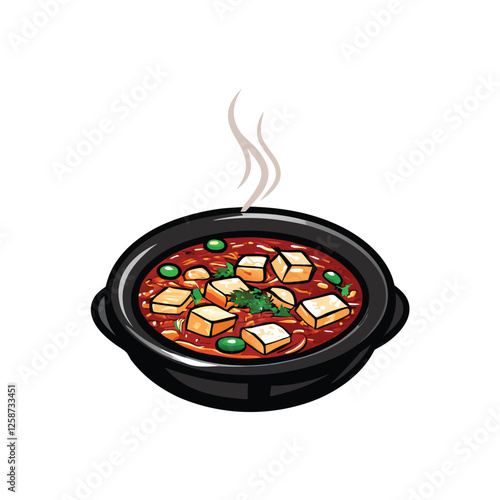 Create a vibrant vector illustration of a bubbling hot pot of Sundubu Jjigae, showcasing its rich, spicy broth and tofu.  Include realistic details.