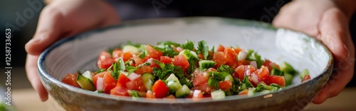 Hands deftly combine fresh vegetables in a vibrant bowl, showcasing a colorful mix of tomatoes, cucumbers, and herbs. The warm lighting of sunset highlights the fresh ingredients photo