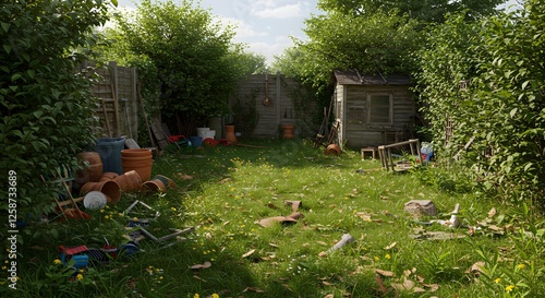 Overgrown Backyard Garden with Old Shed and Scattered Gardening Items