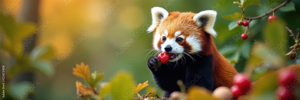 Red panda enjoys a meal of berries amongst vibrant foliage , bush, furry, red panda Red panda enjoys a meal of berries amongst vibrant foliage , bush, furry, red panda