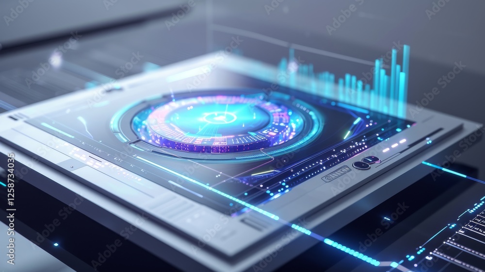 Close-up of a cutting-edge holographic control panel with glowing blue elements, showcasing futuristic technology and interactive design. AI generated. Close-up of a cutting-edge holographic control panel with glowing blue elements, showcasing futuristic technology and interactive design. AI generated.