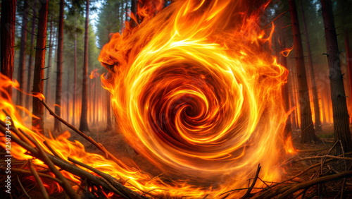 Fire vortex swirls menacingly against forest fire backdrop. Intense orange flames create dramatic spiral pattern in dark smoke. Natural disaster scene captures raw power. 