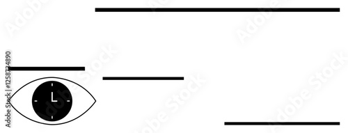 Eye containing a clock surrounded by parallel horizontal lines in minimalist black and white style. Ideal for themes thumbs up time, focus, vision, productivity, mindfulness, simplicity, abstract