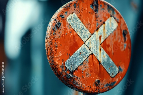 Weathered Rusty Red Railroad Crossing Sign Closeup Detail