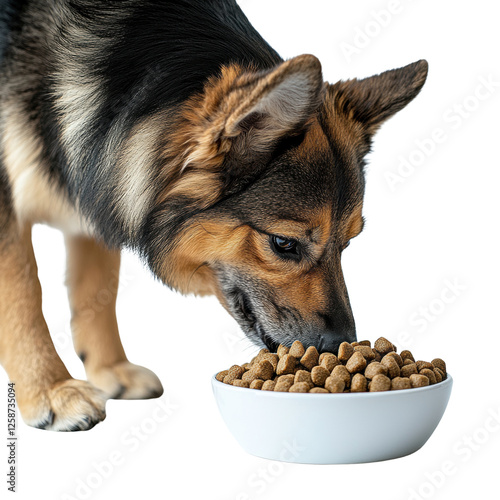 Dog eating from a white bowl, white isolate background