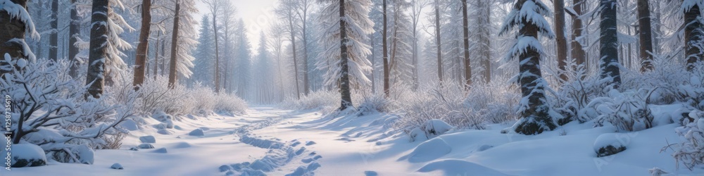 Dense snow-covered trees in a frozen forest landscape with a winding path leading into the distance, wintery woodlands, snowy forest landscape, frosty woods Dense snow-covered trees in a frozen forest landscape with a winding path leading into the distance, wintery woodlands, snowy forest landscape, frosty woods