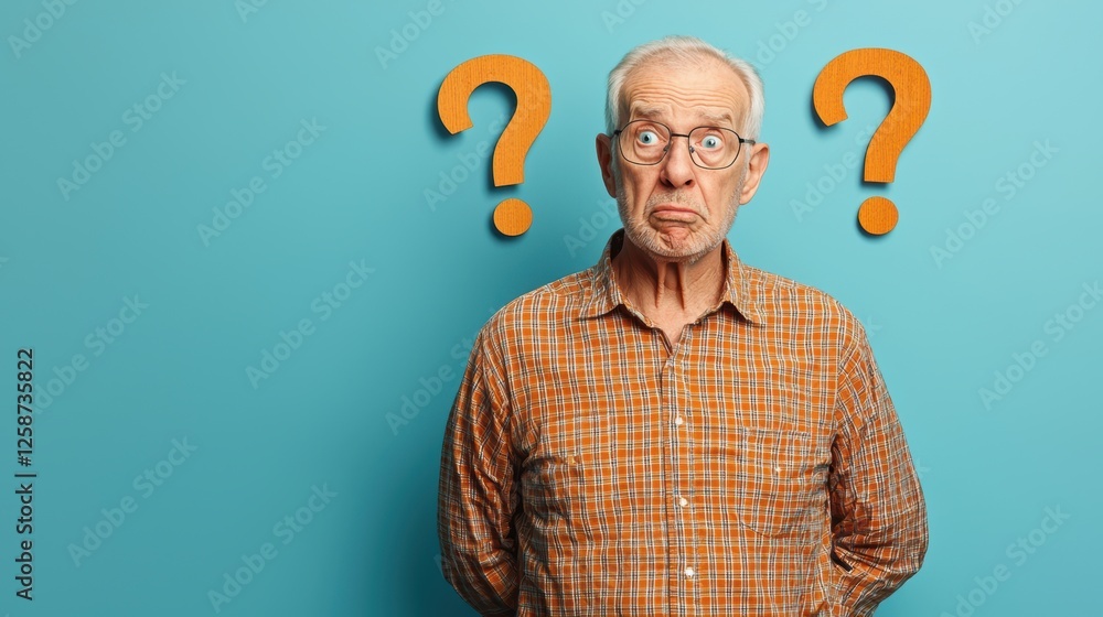 A senior man in a checkered shirt, lost in thought against a blue background, with large 3D question marks emphasizing curiosity and confusion A senior man in a checkered shirt, lost in thought against a blue background, with large 3D question marks emphasizing curiosity and confusion