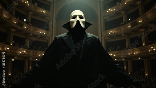 The Phantom of the Opera stands in shadows, his iconic mask and tragic presence creating a hauntingly beautiful atmosphere. The scene captures his artistic genius and inner torment.