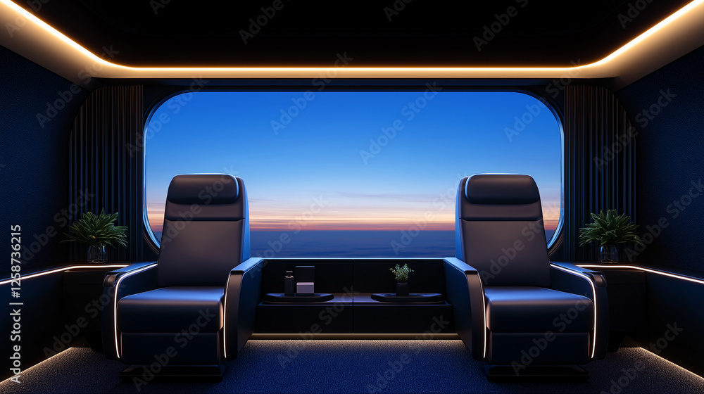 uxury futuristic lounge with panoramic window showcasing breathtaking view of clouds and sunset featuring modern reclining seats in high-end space travel concept uxury futuristic lounge with panoramic window showcasing breathtaking view of clouds and sunset featuring modern reclining seats in high-end space travel concept