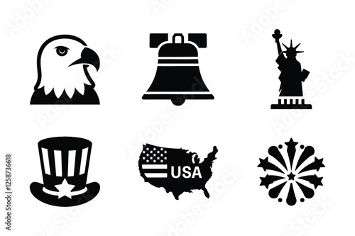 A set of 4th of July vector silhouette elements, USA Independence Day, 4th of July, colorful vector elements, USA flag with heart shape, bald eagle, liberty bell, Uncle Sam hat