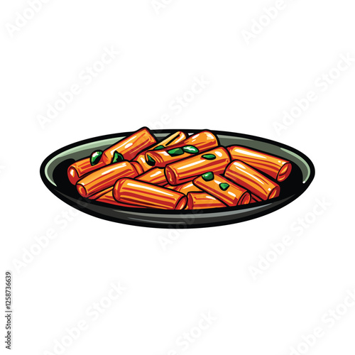 Create a vibrant vector illustration of a steaming plate of tteokbokki, showcasing its rich red sauce and chewy rice cakes.  Include garnishes like green onions.