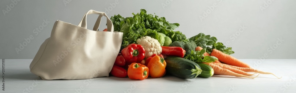 A variety of fresh vegetables, including lettuce, carrots, and bell peppers, spill out from a reusable canvas shopping bag on a sleek surface. This displays the essence of eco-friendly living A variety of fresh vegetables, including lettuce, carrots, and bell peppers, spill out from a reusable canvas shopping bag on a sleek surface. This displays the essence of eco-friendly living