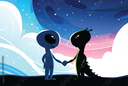 Two extraterrestrial beings, vastly different in physiology and attire, encounter each other on a neutral planet, exchanging cautious greetings.