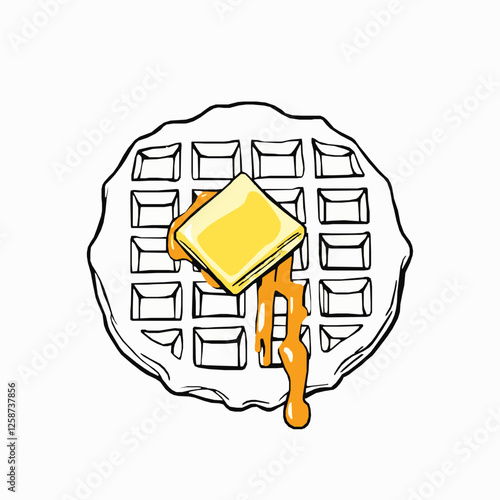 Black Outline Vector of Waffle with Butter and Syrup