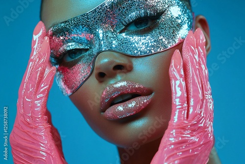 Glamorous Woman with Glittery Mask and Pink Gloves in Neon Blue Studio Lighting