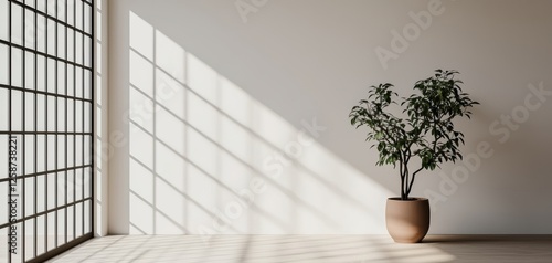 Bright spacious room with plain white walls, large grid window allowing natural light, soft shadow patterns on the floor, serene and modern aesthetic photo