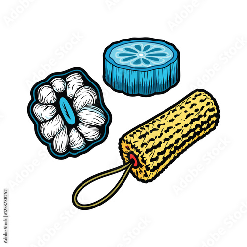 Create a vibrant vector illustration of a loofah sponge and scrubber, showcasing its texture and natural fibers.  Include details like individual strands and a realistic color palette.