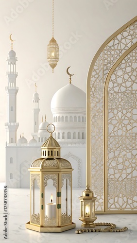 Wallpaper Mural Monotone Islamic holiday design featuring golden lantern near ornamented arch. Torontodigital.ca