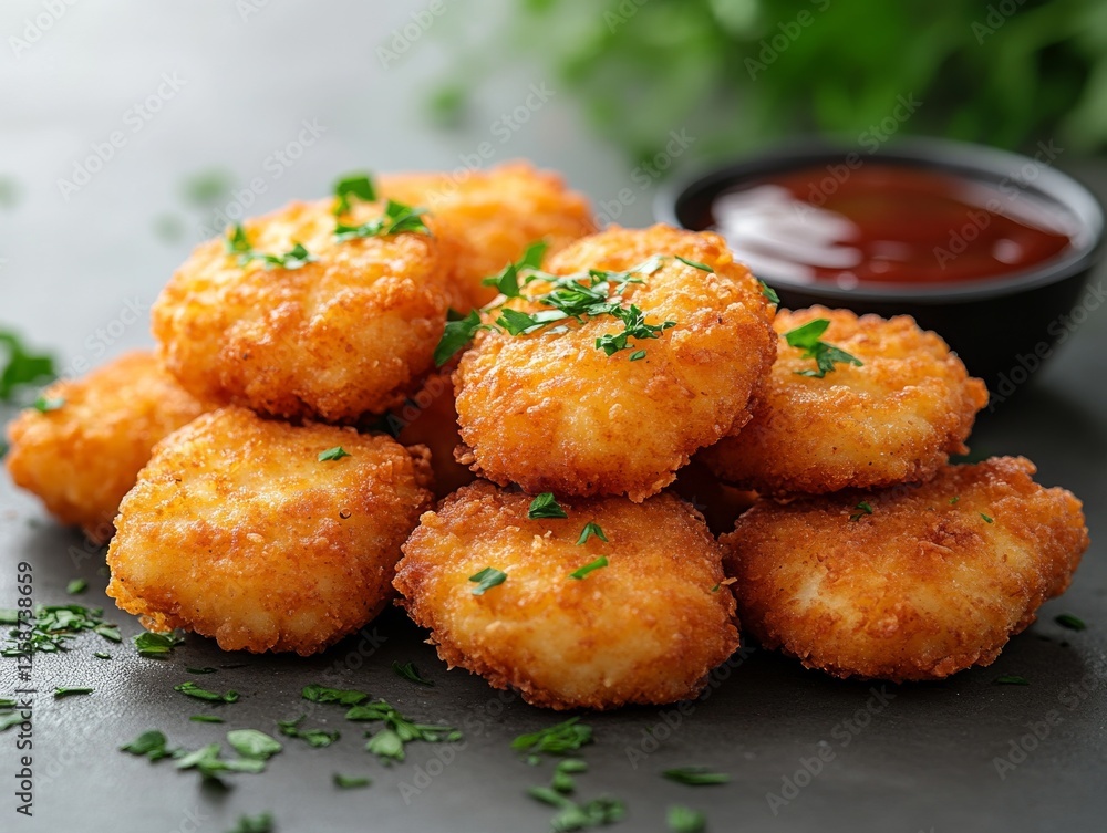 Golden Fried Potato Bites: Crispy Nuggets with Fresh Parsley and Dipping Sauce, Delicious Appetizer or Snack Ideal for Parties and Gatherings, Served on a Dark Surface Golden Fried Potato Bites: Crispy Nuggets with Fresh Parsley and Dipping Sauce, Delicious Appetizer or Snack Ideal for Parties and Gatherings, Served on a Dark Surface