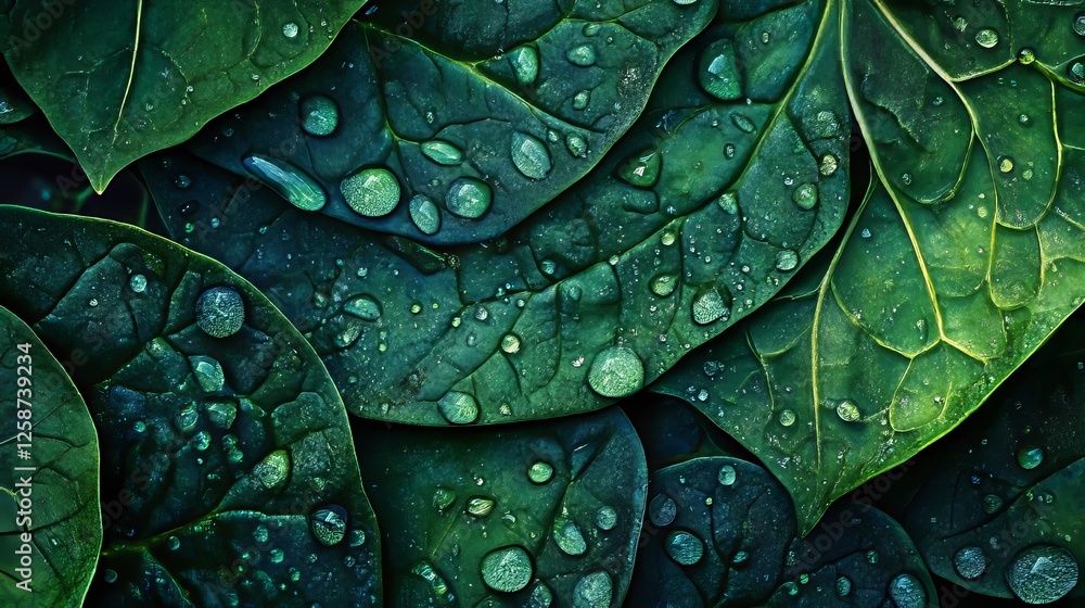 Fototapeta premium Fresh spinach leaves shine with water droplets in detailed macro shot showcasing vibrant green textures and natural beauty. Generative AI