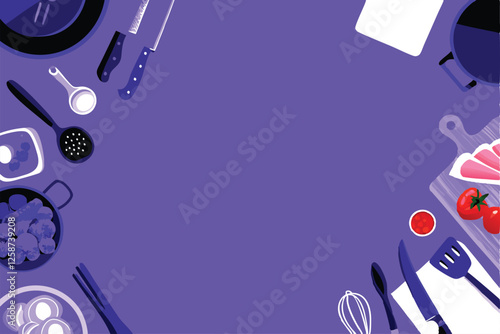 Create a vibrant vector background depicting a clean, organized chef's workspace; featuring kitchen utensils, ingredients, and a modern kitchen setting.
