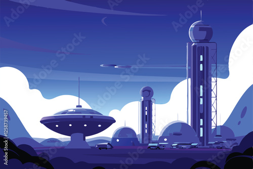 Design a futuristic Mars colony vector background, showcasing advanced architecture and vibrant red Martian landscape.
