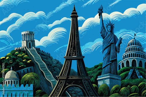 Create a vibrant vector background featuring iconic global landmarks like the Eiffel Tower, Taj Mahal, and Great Wall, rendered in a stylized, flat design.
