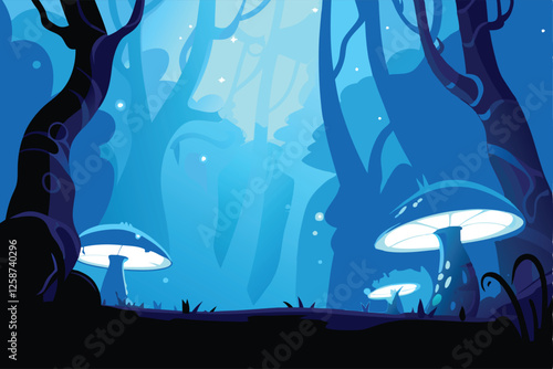 Create a vibrant vector illustration of a surreal alien forest with tall, bioluminescent trees and unusual flora, showcasing an otherworldly landscape.