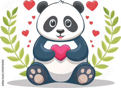Design a Valentine's Day banner with a panda or Kawaii cute figurine of a little panda holding a heart vector.