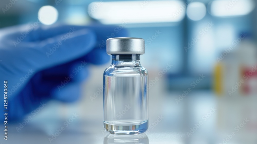 Clear Glass Vial with Liquid Held by Gloved Hand in Laboratory Environment Showcasing Medical Research and Pharmaceutical Development for Health Innovations Clear Glass Vial with Liquid Held by Gloved Hand in Laboratory Environment Showcasing Medical Research and Pharmaceutical Development for Health Innovations